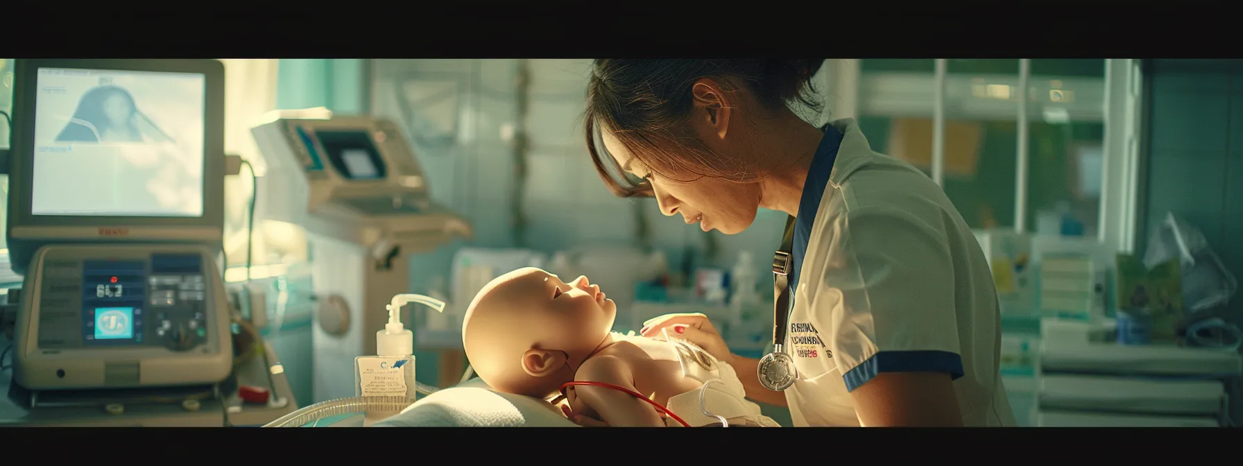 a caregiver gently practicing infant cpr on a lifelike baby mannequin, surrounded by a pediatric cpr certification manual and an aed machine in a bright, well-lit room.