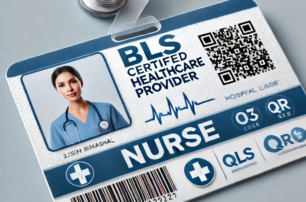 healthcare worker badge for a nurse, displaying the text 'BLS Certified Healthcare Provider' with a professional photo, hospital logo