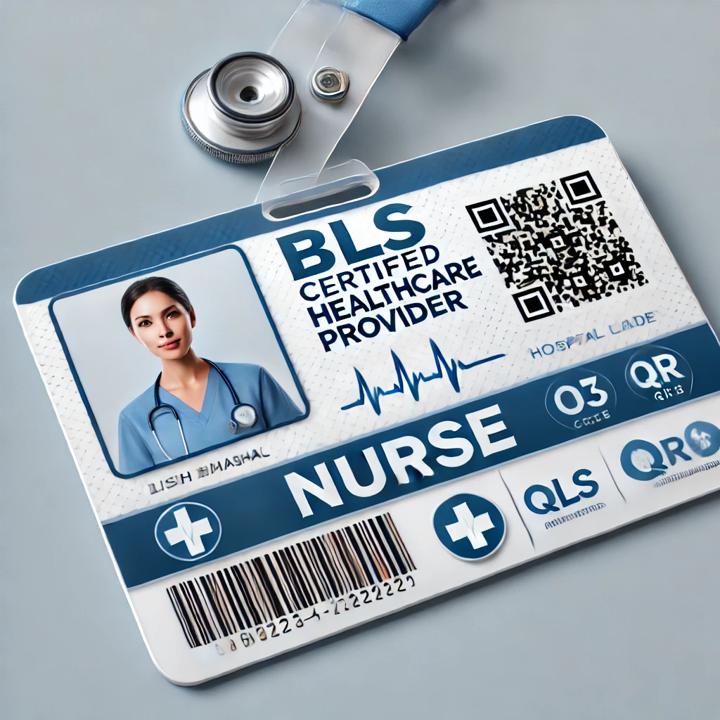 healthcare worker badge for a nurse, displaying the text 'BLS Certified Healthcare Provider' with a professional photo, hospital logo