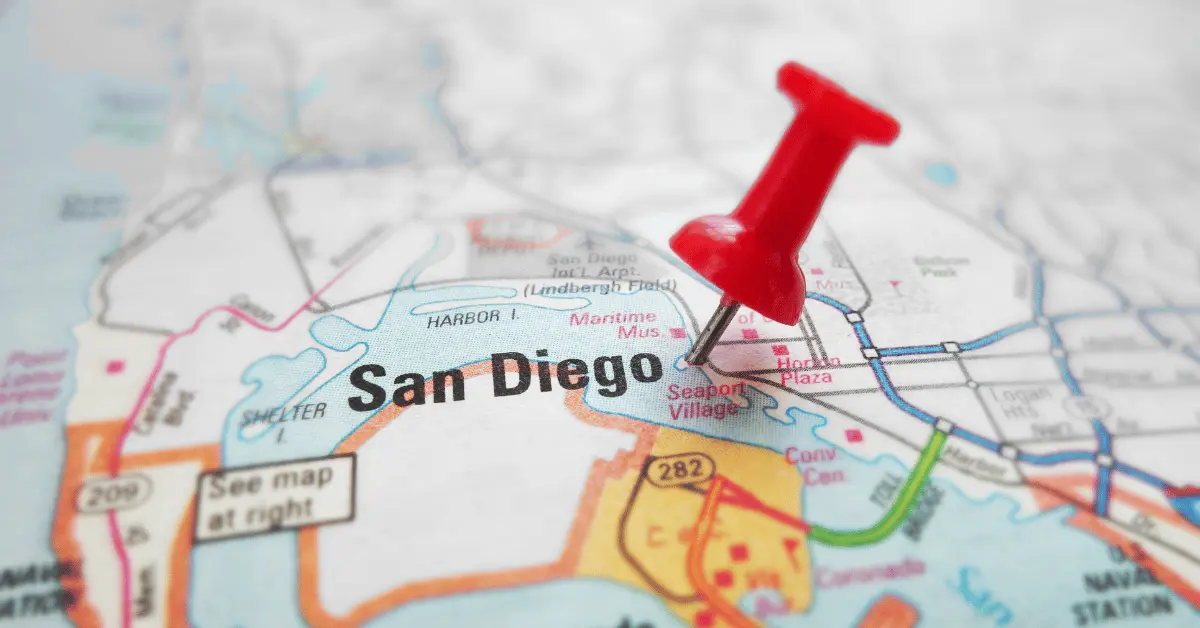 Map of San Diego County showing class locations for in-person CPR and First Aid training with a pin marking A-B-CPR’s San Diego training center.