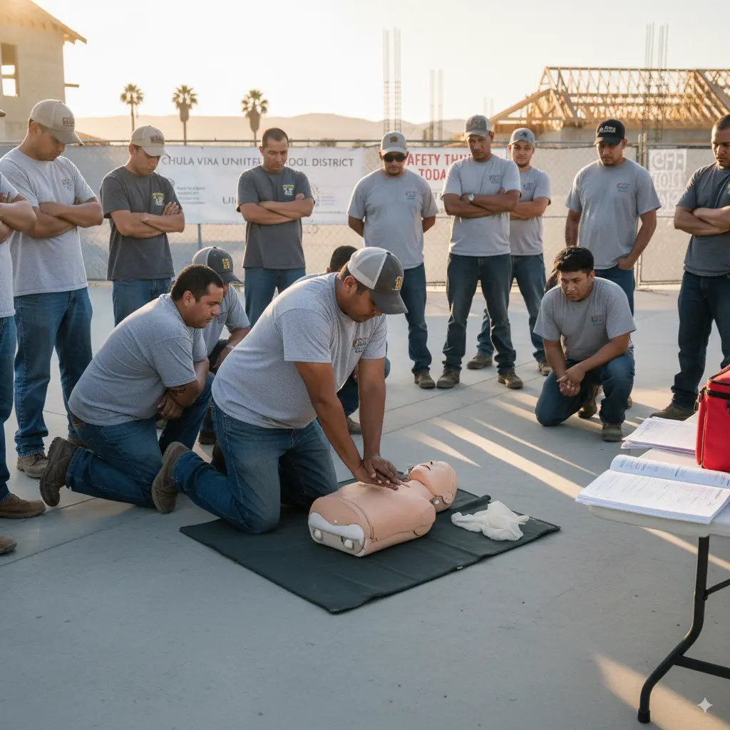 Construction workers practicing CPR on a manikin during on-site First Aid training at a California job site
