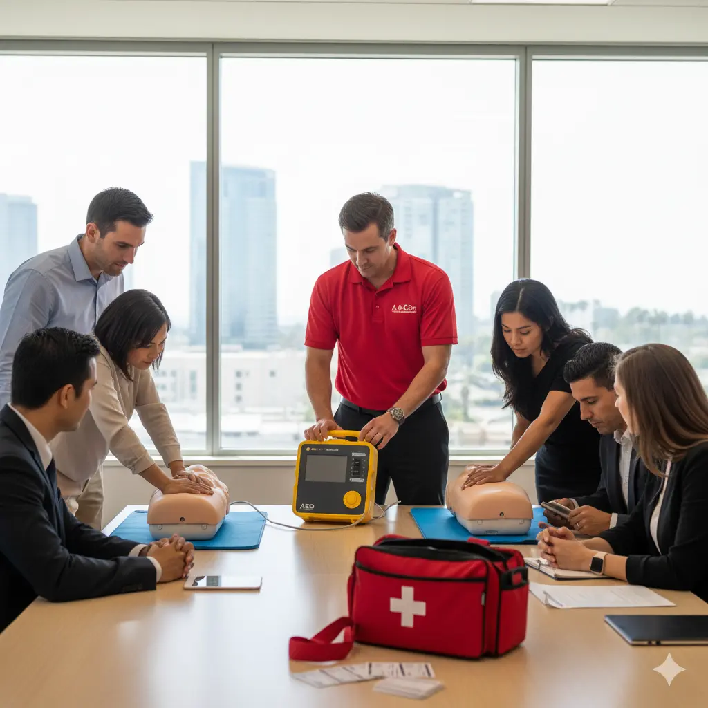 Corporate employees learning CPR, AED, and First Aid techniques during onsite A-B-Cpr workplace training in Irvine.