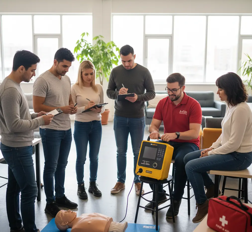 A-B-CPR instructor teaching employees how to operate an AED device during onsite CPR and First Aid certification in Santa Ana, California