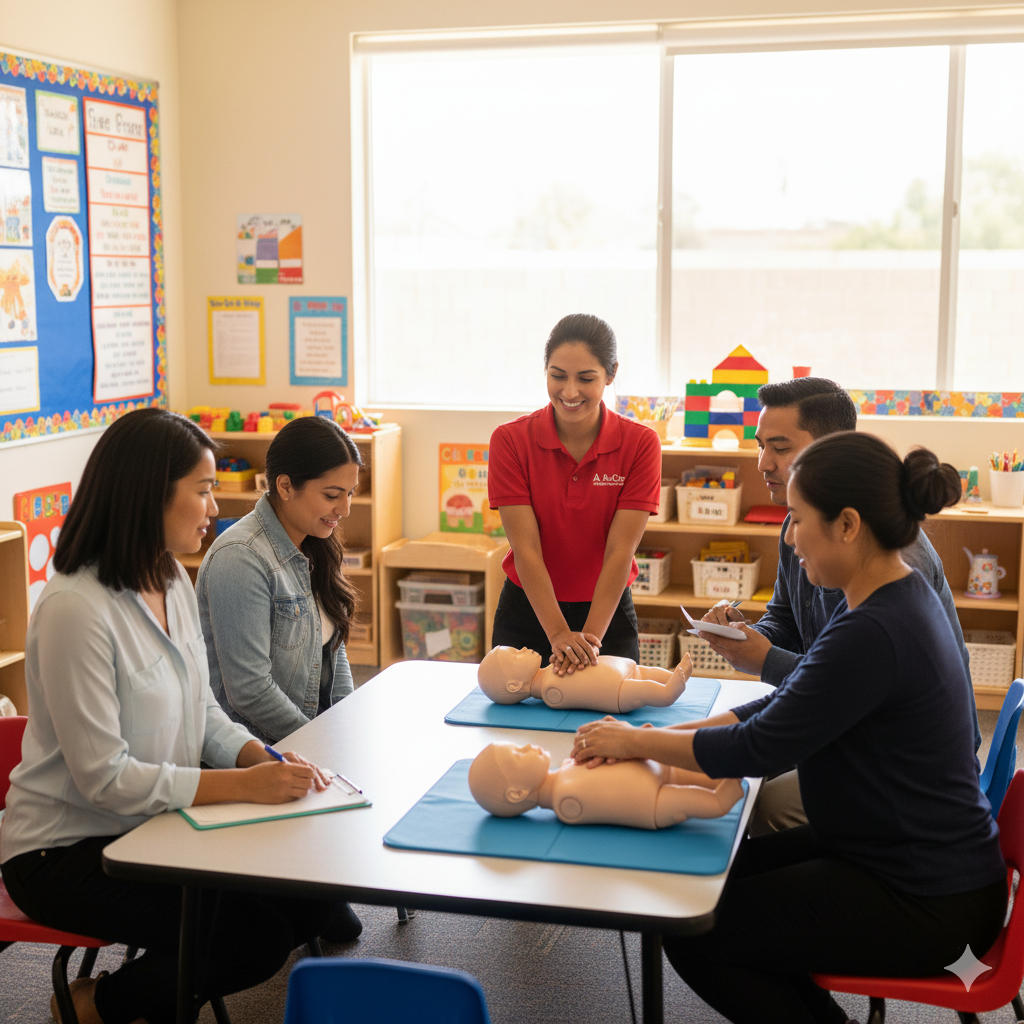 Childcare teachers practicing pediatric CPR and First Aid during onsite A-B-Cpr training in an Irvine preschool.