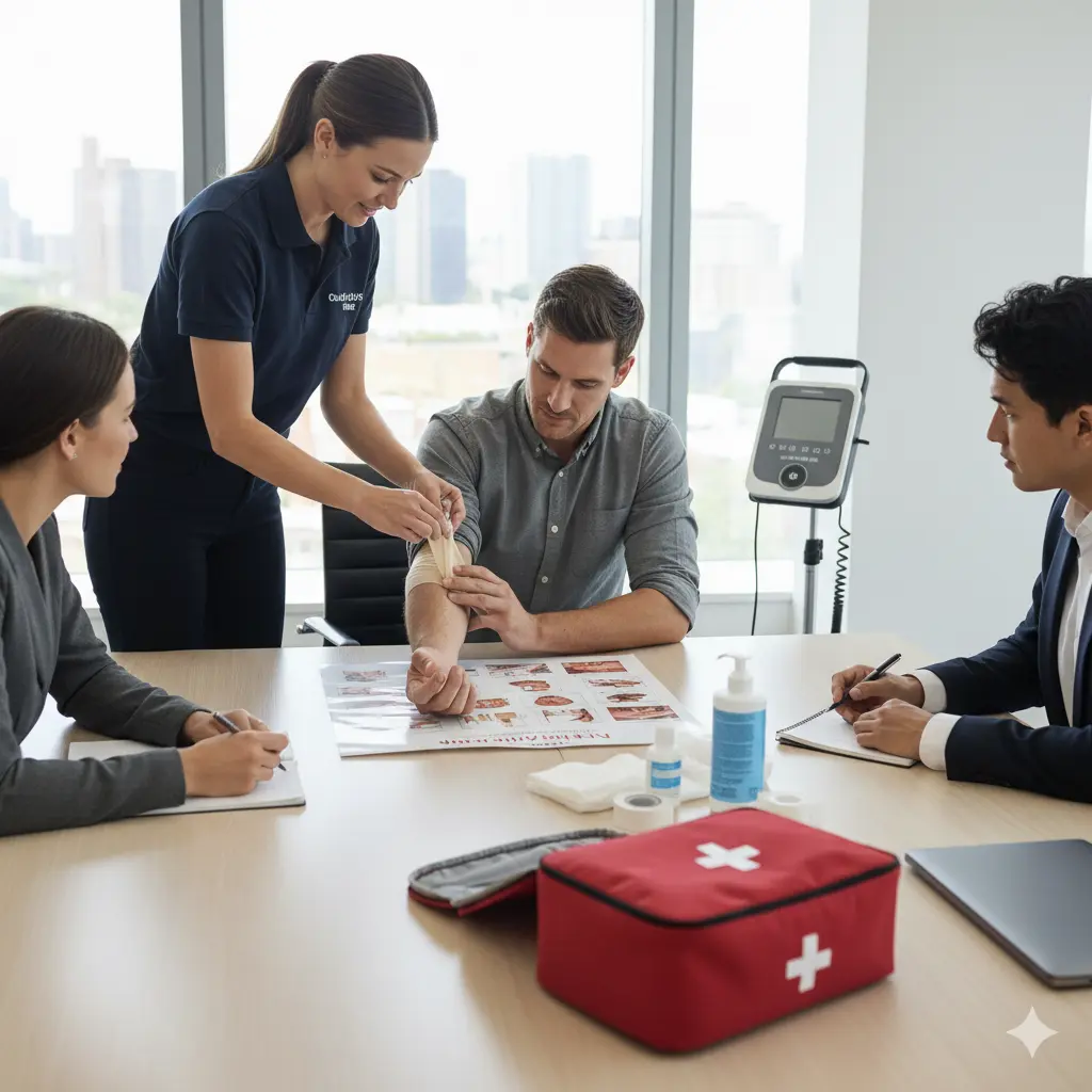 A-B-Cpr instructor teaching First Aid techniques to office employees during a corporate CPR training session in Anaheim, California