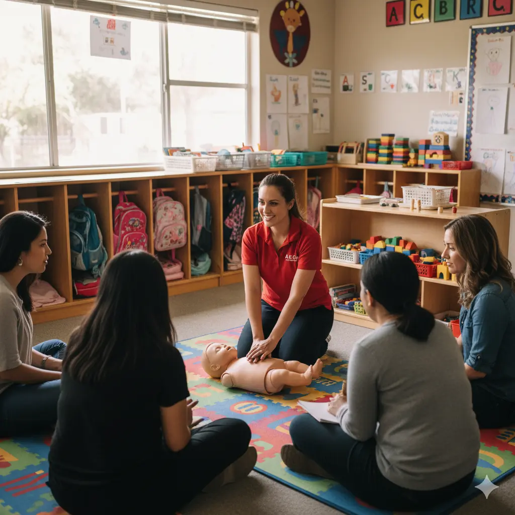Childcare teachers in Costa Mesa practicing infant CPR and First Aid with A-B-Cpr instructor during pediatric training.
