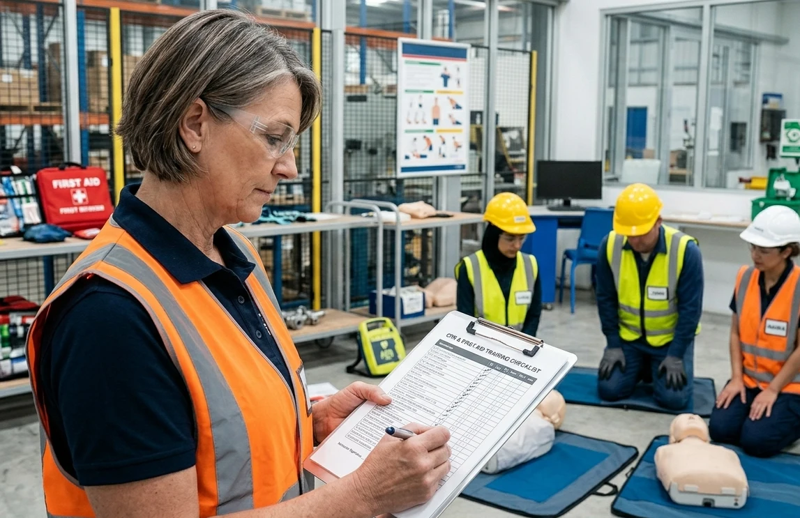 Workplace safety manager reviewing CPR and first aid training compliance checklist