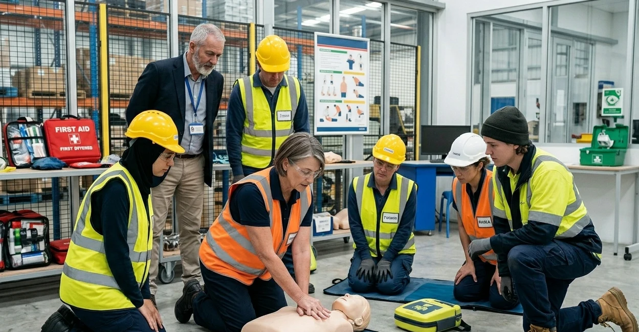 Group of employees participating in workplace CPR training session