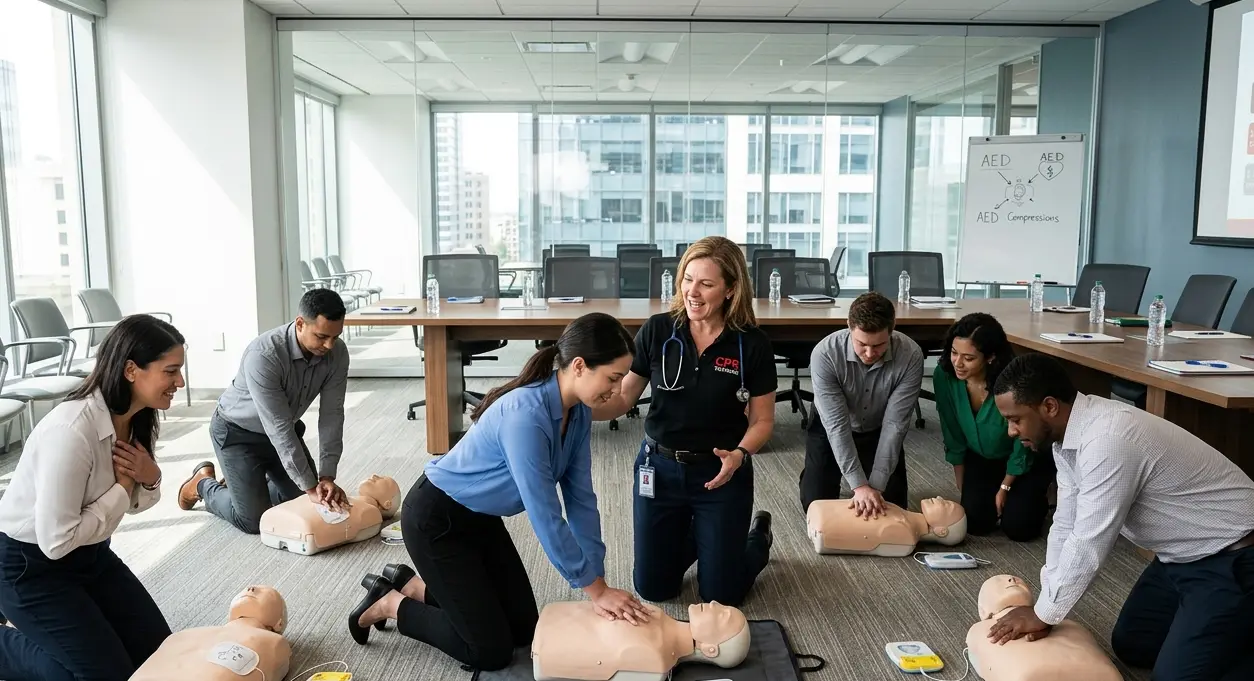 workplace-cpr-training-session Employees practicing CPR during workplace first aid and safety training