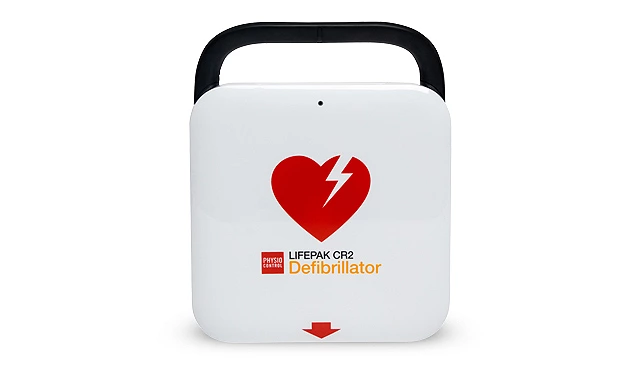 Lifepak CR2 AED marketing image with white background.