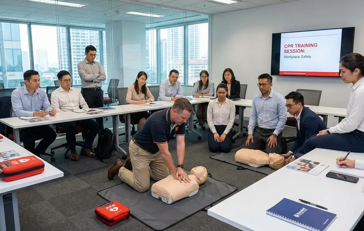 On-site group cpr and workplace training. Instructor leading cpr training for a private buisness